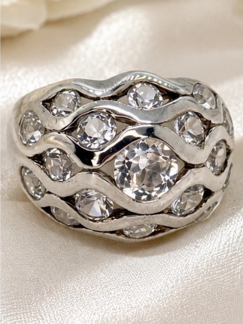 925 Sterling Silver White Topaz Wide Band Dome Ring Size 7.5 Wavy